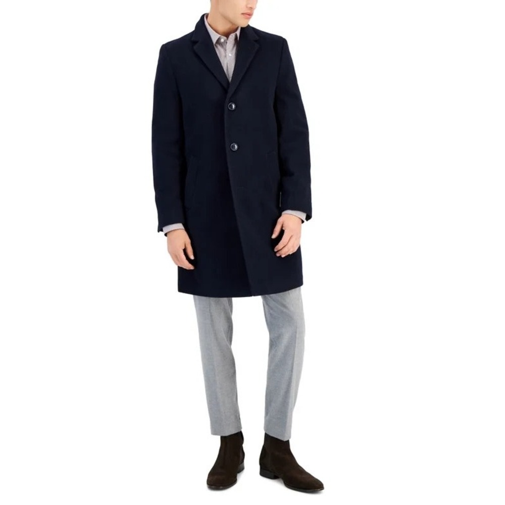 Nautica Mens Regular Fit Overcoat Coat 42L Navy Blue Wool Cashmere